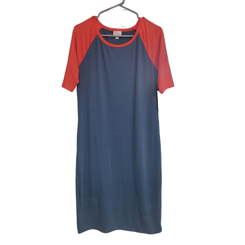 LuLaRoe Ringer Julia Dress NEW Blue Red Two Tone Bodycon Fitted Pencil - Large